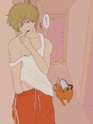 Rule 34 | 2boys, :3, bare arms, bare shoulders, black eyes, blonde hair, brushing teeth, chainsaw, chainsaw man, collarbone, denji (chainsaw man), dog, door, eyebrows, hair between eyes, hand in pants, hand in shorts, head tilt, highres, indoors, japanese text, jeoth03k, looking at another, looking at viewer, male focus, multiple boys, nipples, off shoulder, open mouth, orange shorts, pale skin, pochita (chainsaw man), shirt, shoes, short hair, shorts, sleeveless, smile, speech bubble, standing, tank top, teeth, toothbrush, underwear, walking, white shirt, yellow eyes, yellow toothbrush