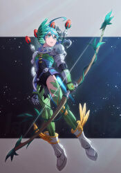 1girl ahoge armor armored_boots black_bodysuit blue_hair bodysuit boots bow_(weapon) commentary_request fire_emblem flower full_body green_eyes hair_flower hair_ornament highres holding holding_bow_(weapon) holding_weapon lambdambla nintendo parted_lips pauldrons shoulder_armor solo tokyo_mirage_sessions_fe vambraces weapon white_boots winged_boots yumizuru_eleanora