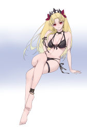 Rule 34 | 1girl, anklet, arm up, barefoot, bikini, black bikini, black choker, black ribbon, blonde hair, bow, breasts, choker, cleavage, collarbone, danxing aipangzi, diadem, earrings, ereshkigal (fate), fate/grand order, fate (series), floating hair, front-tie bikini top, front-tie top, full body, gradient background, hair bow, hair intakes, highres, invisible chair, jewelry, long hair, looking at viewer, medium breasts, multi-strapped bikini, navel, parted lips, red bow, red eyes, ribbon, side-tie bikini bottom, sideboob, sitting, solo, swimsuit, very long hair, wrist ribbon