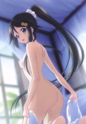 Rule 34 | 10s, 1girl, ass, barefoot, black hair, blue eyes, blush, breasts, from behind, hair ornament, hairpin, high ponytail, izumi reina, long hair, looking at viewer, looking back, musaigen no phantom world, nipples, nude, nude filter, small breasts, solo, third-party edit, very long hair