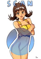 Rule 34 | 1girl, angry, blush, breasts, cleft of venus, cropped legs, crossed arms, curly hair, dress, final fantasy, final fantasy viii, gameplay mechanics, green eyes, looking at viewer, medium breasts, navel, nipple slip, nipples, open mouth, optionaltypo, pussy, revealing layer, selphie tilmitt, short dress, short hair, simple background, solo, square enix, standing, stomach, uncensored, white background, x-ray, zipper