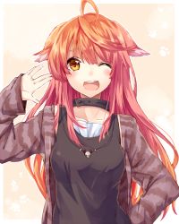 Rule 34 | 1girl, ahoge, animal ears, breasts, collar, collarbone, dog ears, long hair, long sleeves, looking at viewer, open mouth, original, red hair, shirt, smile, solo, upper body, very long hair, vest, yellow eyes, yuya (night lily)