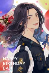 Rule 34 | 1boy, bad id, bad twitter id, baji keisuke, balloon, black hair, black jacket, bouquet, character name, confetti, flower, happy birthday, highres, holding, holding bouquet, jacket, kojirase potaku, long hair, long sleeves, looking at viewer, male focus, open mouth, over shoulder, smile, solo, tasuki, tokyo revengers, upper body, white background, yellow eyes