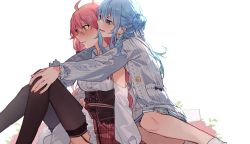 Rule 34 | 2girls, absurdres, ahoge, backlighting, black legwear, blue eyes, blue hair, blush, commentary request, earrings, from side, green eyes, hands on another&#039;s knees, highres, hololive, hoshimachi suisei, hoshimachi suisei (school uniform), hug, hug from behind, jewelry, long sleeves, looking at another, multiple girls, open mouth, pink hair, red skirt, ribbed sweater, sakura miko, sakura miko (casual), sitting, skirt, smile, sweater, thighhighs, tsukino (nakajimaseiki), virtual youtuber, white background, yuri