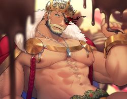 Rule 34 | 1boy, abs, balor (housamo), bara, beard, black hair, blonde hair, blue eyes, cape, chain, chest hair, chocolate, chocolate on body, chocolate on hand, crown, cuffs, dog tags, eyepatch, facial hair, flaming eye, food, food on body, food on hand, fur-trimmed cape, fur trim, hozu (hozumi), large pectorals, looking at viewer, male focus, male underwear, mature male, multicolored hair, muscular, muscular male, nipples, official alternate costume, pectorals, scar, scar on face, shackles, short hair, solo, thick thighs, thighs, tokyo houkago summoners, topless male, tusks, two-tone hair, underwear, upper body, valentine, yellow male underwear