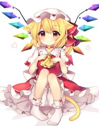 Rule 34 | 1girl, absurdres, animal ears, ascot, bell, blonde hair, bloomers, blush, bow legwear, cat ears, cat tail, choker, closed mouth, collarbone, crystal, flandre scarlet, full body, hair between eyes, hands up, hat, hat ribbon, heart, highres, jingle bell, kemonomimi mode, looking at viewer, mob cap, neck bell, orange eyes, paw pose, puffy short sleeves, puffy sleeves, rainbow order, red ribbon, red skirt, red vest, ribbon, ruhika, shirt, short hair, short sleeves, side ponytail, simple background, sitting, skirt, skirt set, smile, socks, solo, tail, touhou, underwear, vest, white background, white hat, white shirt, white socks, wings, yellow eyes