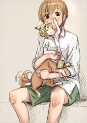 Rule 34 | 1boy, 1girl, animal ears, bad id, bad pixiv id, blonde hair, bottomless, brown eyes, brown hair, centauroid, dog, dog ears, dog tail, hair ornament, hairclip, monster girl, nucomas, original, puppy, shirt, short hair, shorts, sitting, sitting on lap, sitting on person, size difference, sleeves rolled up, tail, tail wagging, taur