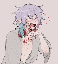 Rule 34 | 1boy, after ejaculation, bishounen, blood, blood from mouth, blood on clothes, blood on face, blue eyes, blue hair, blush, commentary, cum, cum on hair, drooling, ear blush, english commentary, eyelashes, facial, fangs, gavis bettel, grey background, grey hair, hair between eyes, heart, highres, holostars, holostars english, implied yaoi, male focus, multicolored hair, one eye closed, open mouth, pale skin, pink hair, pointy ears, shirt, simple background, sketch, solo, teeth, upper body, vampire, virtual youtuber, white shirt