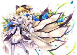 Rule 34 | 1girl, ahoge, armor, artoria pendragon (all), artoria pendragon (fate), bare shoulders, blonde hair, bow, breastplate, caliburn (fate), capcom, capura lin, detached sleeves, dress, fate/stay night, fate/unlimited codes, fate (series), female focus, flower, gauntlets, greaves, green eyes, hair bow, halterneck, halterneck, petals, plant, pleated skirt, ponytail, puffy sleeves, saber (fate), saber lily, skirt, smile, solo, sword, thighhighs, type-moon, weapon, white background, white thighhighs, zettai ryouiki
