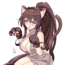 Rule 34 | 1girl, alternate costume, animal ears, animal hands, backless dress, backless outfit, breasts, brown eyes, brown hair, cat ears, dress, gloves, hair intakes, kantai collection, large breasts, long hair, meme attire, naked sweater, paw gloves, ponytail, ribbed sweater, sidelocks, solo, sweater, sweater dress, tk8d32, turtleneck, turtleneck sweater, very long hair, virgin killer sweater, yamato (kancolle)