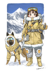 Rule 34 | 1girl, absurdres, animal, backpack, bag, belt, black eyes, blue sky, blush stickers, boots, brown hair, closed mouth, clothed animal, devil lo, dog, full body, fur trim, german shepherd, goggles, goggles on head, highres, jacket, knee pads, looking at viewer, mountain, original, pants, rope, signature, sky, smile, snow, thumbs up, yellow footwear, yellow jacket