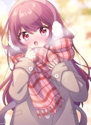 Rule 34 | 1girl, absurdres, blurry, blurry background, blush, brown coat, coat, earmuffs, enpera, highres, long hair, long sleeves, looking at viewer, mmmera827, open mouth, original, plaid, plaid scarf, purple hair, red eyes, red scarf, scarf, solo, upper body, winter