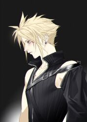 Rule 34 | 1boy, bare shoulders, belt buckle, black background, black shirt, black sleeves, blonde hair, blood, blood on face, blue eyes, buckle, closed mouth, cloud strife, collarbone, commentary, detached sleeves, duoj ji, earrings, final fantasy, final fantasy vii, final fantasy vii advent children, highres, jewelry, male focus, popped collar, profile, ribbed shirt, shirt, short hair, shoulder belt, single detached sleeve, sleeveless, sleeveless shirt, solo, spiked hair, stud earrings, twitter username, upper body, zipper
