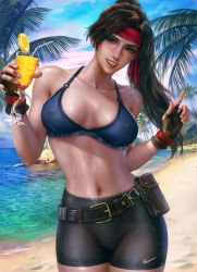 Rule 34 | 1girl, abs, beach, belt, bikini, bikini top only, breasts, brown eyes, brown hair, cleavage, collarbone, costa del sol, final fantasy, final fantasy vii, final fantasy vii remake, fingerless gloves, food, fruit, gloves, headband, highres, holding glass, holster, jessie rasberry, logan cure, medium breasts, midriff, navel, nike (company), ocean, open mouth, orange (fruit), orange slice, palm tree, pants, parted bangs, pointing, ponytail, red headband, shorts, smile, solo, square enix, swimsuit, tight clothes, tight pants, tree, upper body, wet