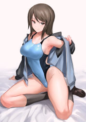 Rule 34 | 1girl, absurdres, armpits, bed, blue jacket, blue one-piece swimsuit, breasts, bright pupils, brown hair, commentary request, competition swimsuit, covered navel, duplicate, girls und panzer, highleg, highleg swimsuit, highres, jacket, keizoku military uniform, kneehighs, large breasts, loafers, long hair, mika (girls und panzer), on bed, one-piece swimsuit, pixel-perfect duplicate, removing jacket, shoes, socks, solo, swimsuit, thighs, ulrich (tagaragakuin), white pupils