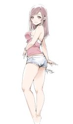 Rule 34 | 1girl, bare arms, bare legs, bracelet, brown eyes, brown hair, from side, grey shorts, grin, highres, jewelry, long hair, looking at viewer, mole, mole under eye, pink shirt, relaxjon, shirt, short shorts, shorts, simple background, sketch, sleeveless, sleeveless shirt, smile, solo, standing, straight hair, suga natsumi, swept bangs, tenki no ko, white background