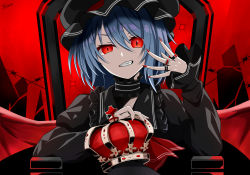 Rule 34 | 1girl, absurdres, barbed wire, bat wings, black hat, blue hair, chair, commentary, crown, english commentary, fingernails, grin, hat, highres, holding, holding crown, jewelry, king (vocaloid), long fingernails, long sleeves, looking at viewer, mob cap, nail polish, red background, red eyes, red nails, red wings, remilia scarlet, ring, short hair, smile, solo, telu (teluscarlet), touhou, unworn crown, upper body, vampire, vocaloid, wings