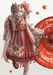 1girl bad_id bad_pixiv_id fang fang_out floral_print highres horns japanese_clothes leaf lolita_fashion long_hair looking_at_viewer maple_leaf mask mask_on_head oil-paper_umbrella oni oni_horns oni_mask original osobachan pale_skin purple_eyes sandals sash smile solo umbrella wa_lolita white_legwear