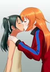 Rule 34 | 2girls, blush, breasts, charlotte e. yeager, closed eyes, francesca lucchini, green hair, hair ribbon, hands on another&#039;s shoulders, jacket, kiss, kunashiri (etorofu), large breasts, long hair, multiple girls, orange hair, ribbon, sleeveless, small breasts, strike witches, track jacket, twintails, world witches series, yuri