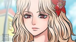 Rule 34 | 1girl, artist name, blonde hair, commentary, english commentary, eyelashes, flower, freckles, hair flower, hair ornament, hibiscus, highres, house, long hair, looking ahead, mesukohi, one piece, palm tree, parted lips, portgas d. rouge, portrait, red eyes, sky, solo, tree