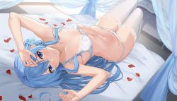 Rule 34 | 1girl, arms up, bare arms, blue eyes, blue flower, blue hair, blue rose, bra, breasts, flower, hair between eyes, hair flower, hair ornament, highres, hololive, hoshimachi suisei, jewelry, knees up, long hair, looking at viewer, lying, navel, on back, on bed, panties, parted lips, petals, revision, ring, rose, small breasts, smile, solo, star (symbol), star in eye, stomach, symbol in eye, terry (pixiv3274443), thighhighs, underwear, underwear only, very long hair, virtual youtuber, white bra, white panties, white thighhighs