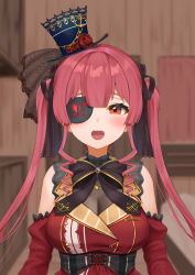 Rule 34 | 1girl, black bow, black ribbon, blue hat, blurry, blurry background, blush, bodystocking, bow, breasts, cleavage, commentary request, corset, depth of field, detached sleeves, dress, eyepatch, gothic lolita, hair ribbon, hat, highres, hololive, houshou marine, houshou marine (gothic lolita), indoors, large breasts, lolita fashion, long hair, looking at viewer, mini hat, official alternate costume, ootsuka you, open mouth, red dress, red eyes, red hair, ribbon, see-through, see-through cleavage, solo, twintails, upper body, virtual youtuber