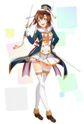 Rule 34 | 1girl, :d, blue eyes, brown footwear, brown hair, full body, hair between eyes, hand on own hip, hat, highres, holding, kosaka honoka, koyaya, loafers, looking at viewer, love live!, love live! school idol festival, love live! school idol project, miniskirt, open mouth, pleated skirt, shoes, short hair, side ponytail, skirt, smile, solo, standing, thighhighs, white skirt, white thighhighs, zettai ryouiki