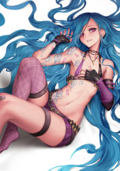 Rule 34 | 1girl, armpits, bandaid, bandaid on knee, bandaid on leg, bare shoulders, belt, belt buckle, black gloves, blue hair, blush, buckle, bullet, fingerless gloves, fishnet thighhighs, fishnets, flat chest, gloves, hand on own chest, highres, jewelry, jinx (league of legends), league of legends, long hair, looking at viewer, lying, navel, necklace, on back, oopartz yang, parted lips, pink eyes, pink thighhighs, purple eyes, revealing clothes, shadow, short shorts, shorts, simple background, single thighhigh, smile, solo, tattoo, thigh strap, thighhighs, very long hair, white background