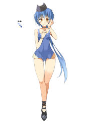 Rule 34 | 1girl, black footwear, blue hair, blue one-piece swimsuit, bracelet, color guide, full body, great baggi, hand up, hat, jewelry, long hair, monster hunter (series), ohta yuichi, one-piece swimsuit, orange eyes, personification, ponytail, shoes, simple background, smile, solo, standing, swimsuit, very long hair, white background