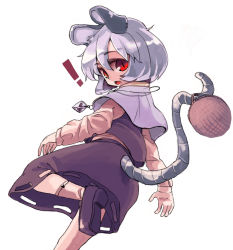 Rule 34 | !, 1girl, animal ears, basket, capelet, female focus, gem, grey hair, holding, holding with tail, jewelry, looking back, mouse ears, mouse tail, nazrin, necklace, open mouth, prehensile tail, red eyes, shirt, short hair, skirt, skirt set, solo, tail, touhou, vest, yunuki, yunuki uta