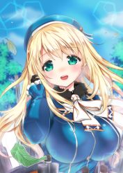 Rule 34 | 10s, 1girl, atago (kancolle), beret, black gloves, blonde hair, blue sky, breasts, day, gloves, green eyes, hand in own hair, hat, highres, huge breasts, kantai collection, leaf, lips, long hair, long sleeves, looking at viewer, military, military uniform, open mouth, portrait, shibi, sky, smile, solo, tree, uniform, upper body