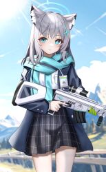 Rule 34 | 1girl, absurdres, animal ear fluff, animal ears, assault rifle, blazer, blue archive, blue eyes, blue necktie, blue scarf, blurry, breast pocket, collared shirt, commentary request, cross hair ornament, depth of field, finger on trigger, greyscale, gun, hair between eyes, hair ornament, halo, highres, holding, holding gun, holding weapon, id card, jacket, kenomotsu yukuwa, long sleeves, looking at viewer, medium hair, mismatched pupils, monochrome, necktie, outdoors, plaid, plaid skirt, pleated skirt, pocket, rifle, scarf, school uniform, shiroko (blue archive), shirt, sidelocks, sig sauer 556, skirt, solo, sunlight, weapon, wolf ears, wolf girl