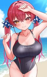 1girl alternate_costume bare_shoulders beach black_one-piece_swimsuit blush breasts collar commentary_request competition_swimsuit fang heterochromia highres hololive houshou_marine large_breasts long_hair low_twintails ocean one-piece_swimsuit red_eyes red_hair sand skin_fang solo swimsuit twintails virtual_youtuber yellow_eyes zakitaku8311