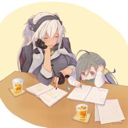 Rule 34 | 2girls, ahoge, black gloves, blouse, bow, bowtie, breasts, capelet, closed eyes, colis, collar, commentary request, cup, dark-skinned female, dark skin, dress, drinking glass, glasses, gloves, grey eyes, grey hair, hair between eyes, headgear, kantai collection, kikumon, kiyoshimo (kancolle), large breasts, long hair, low twintails, multiple girls, musashi (kancolle), musashi kai ni (kancolle), platinum blonde hair, semi-rimless eyewear, shirt, short hair with long locks, sitting, sleeveless, sleeveless dress, tall, twintails, two side up, under-rim eyewear, very long hair, white background, white shirt, yellow background