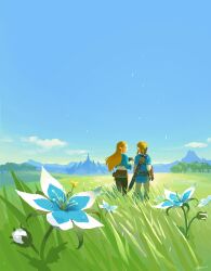 Rule 34 | 1boy, 1girl, arm guards, ayumi (830890), belt, black gloves, black pants, blonde hair, blue flower, blue shirt, blue sky, blue tunic, brown belt, bud, castle, champion&#039;s tunic (zelda), cloud, commentary, day, earrings, facing away, field, flower, from behind, gloves, grass, hair ornament, hairclip, hands up, highres, holding, jewelry, layered sleeves, link, long hair, long sleeves, looking at another, looking to the side, master sword, medium hair, mountainous horizon, nintendo, outdoors, pants, pointy ears, ponytail, pouch, princess zelda, sheath, shirt, short over long sleeves, short sleeves, sidelocks, sky, standing, sword, the legend of zelda, the legend of zelda: breath of the wild, tree, triforce, tunic, volcano, water drop, weapon, weapon on back, white pants, white shirt