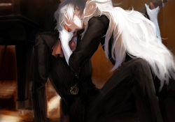Rule 34 | 2boys, ane am, antonio salieri (fate), antonio salieri (second ascension) (fate), arm support, ascot, between legs, blonde hair, curly hair, fate/grand order, fate (series), film grain, formal, hair between eyes, half updo, holding another&#039;s wrist, imminent kiss, indoors, instrument, jewelry, long hair, male focus, multiple boys, neckwear grab, on floor, pendant, piano, pinstripe pattern, pinstripe suit, red ascot, short hair, short sleeves, sitting, striped, suit, very long hair, wolfgang amadeus mozart (fate), yaoi