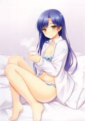 Rule 34 | 1girl, absurdres, bare legs, barefoot, blue bra, blue hair, blue panties, blush, bra, breasts, brown eyes, collarbone, courreges ace, cup, dress shirt, feet, flat chest, highres, holding, idolmaster, idolmaster (classic), kisaragi chihaya, long hair, long sleeves, navel, open clothes, open shirt, panties, scan, shirt, sitting, small breasts, smile, solo, steam, underwear