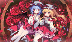 Rule 34 | 2girls, ainy, alternate costume, bat wings, blonde hair, blue hair, closed mouth, commentary request, crystal, flandre scarlet, flower, hair between eyes, hat, long sleeves, looking at viewer, lying, mob cap, multiple girls, on back, open mouth, pantyhose, petals, red eyes, red flower, red rose, red skirt, remilia scarlet, rose, short hair, siblings, side ponytail, sisters, skirt, smile, touhou, white headwear, white legwear, wings