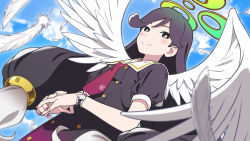 Rule 34 | 1girl, angel wings, black eyes, blue sky, bracelet, bright pupils, character request, closed mouth, feathered wings, feathers, highres, indie virtual youtuber, jewelry, light blush, long hair, looking at viewer, nail polish, necktie, puffy short sleeves, puffy sleeves, red nails, shiwasu takashi, short sleeves, sky, smile, solo, virtual youtuber, white feathers, white pupils, wings