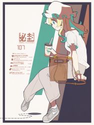 Rule 34 | 1girl, bag, beige pants, blonde hair, blue eyes, cup, duffel bag, earrings, fashion, from side, full body, hat, highres, holding, holding cup, jewelry, light smile, long hair, maribel hearn, mob cap, nike (company), pants, puffy short sleeves, puffy sleeves, shirt, shoes, short sleeves, sitting, sneakers, solo, starbucks, starbucks siren, tokoroten (hmmuk), touhou, white shirt