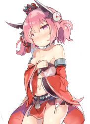 Rule 34 | 1girl, alternate hair length, alternate hairstyle, azur lane, bare shoulders, blush, breasts, closed mouth, detached sleeves, hair ornament, hamakaze (azur lane), horns, japanese clothes, kibii mocha, looking at viewer, object on head, pelvic curtain, pink eyes, pink hair, short hair, short twintails, simple background, small breasts, solo, sweat, twintails, white background, wide sleeves