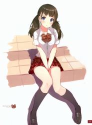 Rule 34 | 1girl, absurdres, black footwear, black hair, black socks, blue eyes, blush, bow, caidychen, full body, hands between legs, hands on lap, hands together, highres, kneehighs, knees together feet apart, looking at viewer, plaid, plaid skirt, red skirt, scan, school uniform, shirt, shoes, simple background, sitting, skirt, socks, solo, white shirt