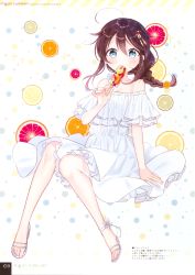 Rule 34 | 1girl, absurdres, ahoge, bare shoulders, blue eyes, blush, braid, breasts, brown hair, collarbone, dress, fingernails, food, fruit, full body, hair ornament, highres, kantai collection, long hair, looking at viewer, naoto (tulip), polka dot, polka dot background, popsicle, scan, shigure (kancolle), simple background, single braid, sitting, small breasts, sparkle, strapless, strapless dress, toeless footwear, toes, white dress
