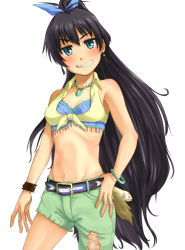 Rule 34 | 1girl, alternate costume, bare arms, bare shoulders, belt, black hair, blue eyes, bracelet, breasts, cleavage, cowboy shot, cowboy western, denim, earrings, front-tie top, ganaha hibiki, grin, head tilt, highres, idolmaster, idolmaster (classic), jeans, jewelry, long hair, looking at viewer, midriff, navel, necklace, pants, ponytail, simple background, small breasts, smile, solo, torn clothes, torn jeans, torn pants, tsukikase, very long hair, white background