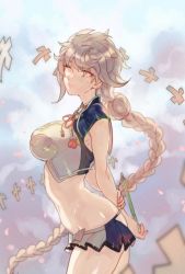 Rule 34 | 10s, 1girl, armpit peek, arms behind back, asymmetrical hair, braid, breasts, cleavage cutout, clothing cutout, cloud print, female focus, from side, gradient background, hair ornament, jitome, kantai collection, large breasts, light smile, long hair, looking at viewer, midriff, shikigami, short sleeves, silver hair, single braid, smile, solo, thighhighs, unryuu (kancolle), very long hair, wavy hair, yellow eyes, zuizi