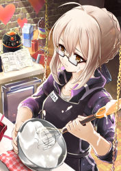 Rule 34 | 1girl, ahoge, alternate costume, annojou haruto, apron, artoria pendragon (all), artoria pendragon (fate), black-framed eyewear, blonde hair, braid, collarbone, commentary request, crossover, fate/grand order, fate (series), food, from above, glasses, heart, holding, mixing bowl, mysterious heroine x alter (fate), mysterious heroine x alter (second ascension) (fate), recipe (object), saber (fate), semi-rimless eyewear, sleeves pushed up, solo, under-rim eyewear, valentine, whisk, yellow eyes