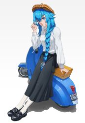 Rule 34 | 1girl, aqwariate, beret, black footwear, black skirt, blue eyes, braid, braided ponytail, breasts, closed mouth, contemporary, expressionless, full body, hair between eyes, hair tie, hat, highres, leaning on object, long hair, long skirt, looking at viewer, motor vehicle, mushoku tensei, playing with own hair, roxy migurdia, scooter, shadow, shirt, simple background, skirt, small breasts, socks, solo, very long hair, white background, white shirt, white socks