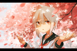 Rule 34 | 1girl, arms up, cherry blossoms, collarbone, hakuto 173, highres, inami hatoko, letterboxed, open mouth, original, outstretched arms, red eyes, school uniform, serafuku, short hair, silver hair, solo, tree, upper body