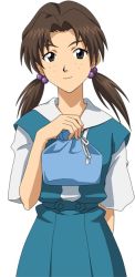 Rule 34 | 1girl, arm behind back, breasts, brown hair, freckles, holding, horaki hikari, looking at viewer, low twintails, lunchbox, neon genesis evangelion, official art, school uniform, simple background, smile, solo, standing, twintails, upper body, white background