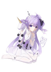 Rule 34 | 1girl, absurdres, azur lane, bare shoulders, bow, chinese commentary, closed mouth, commentary request, detached sleeves, dress, feet, full body, hair bun, hair ribbon, halter dress, halterneck, highres, holding, holding stuffed toy, looking at viewer, one side up, purple eyes, purple ribbon, ribbon, see-through, see-through sleeves, simple background, single side bun, sitting, solo, stuffed toy, stuffed winged unicorn, thighhighs, toes, unicorn (azur lane), user pwjc7347, wariza, wavy mouth, white background, white bow, white dress, white thighhighs